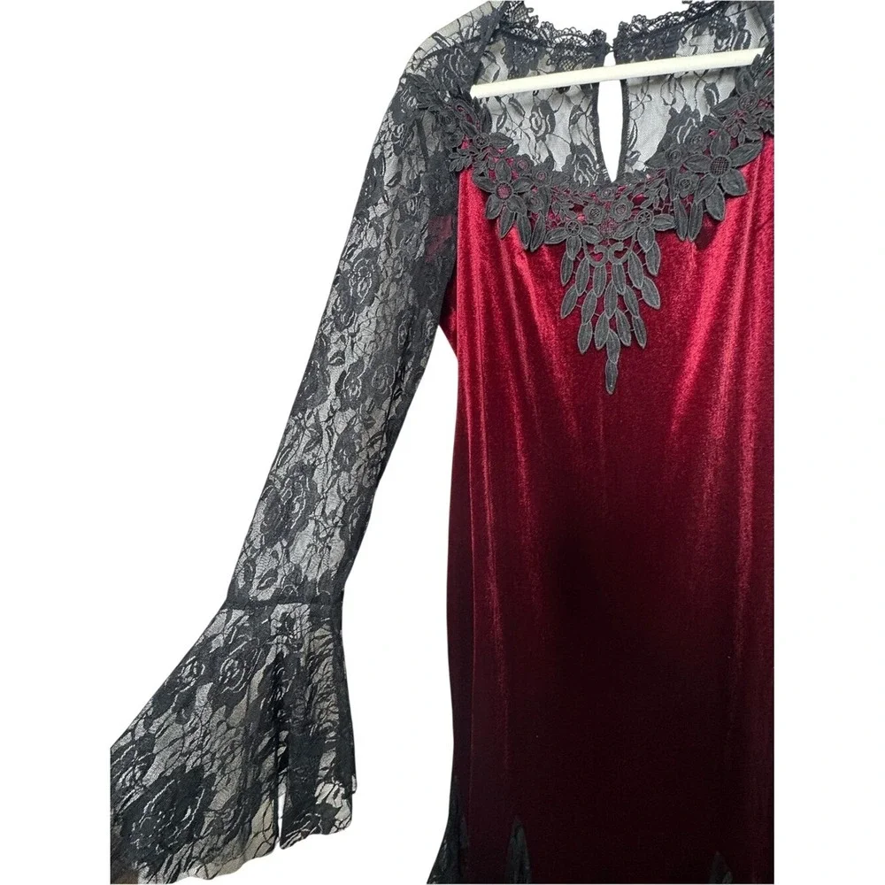 Womens Ren Faire Velvet‎ Sheer Lace Maxi Dress 2X Bell Sleeve Renaissance Goth